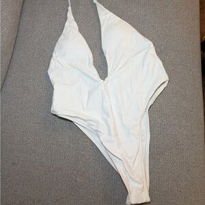 SHEIN White V-Neck One-Piece Swimwear